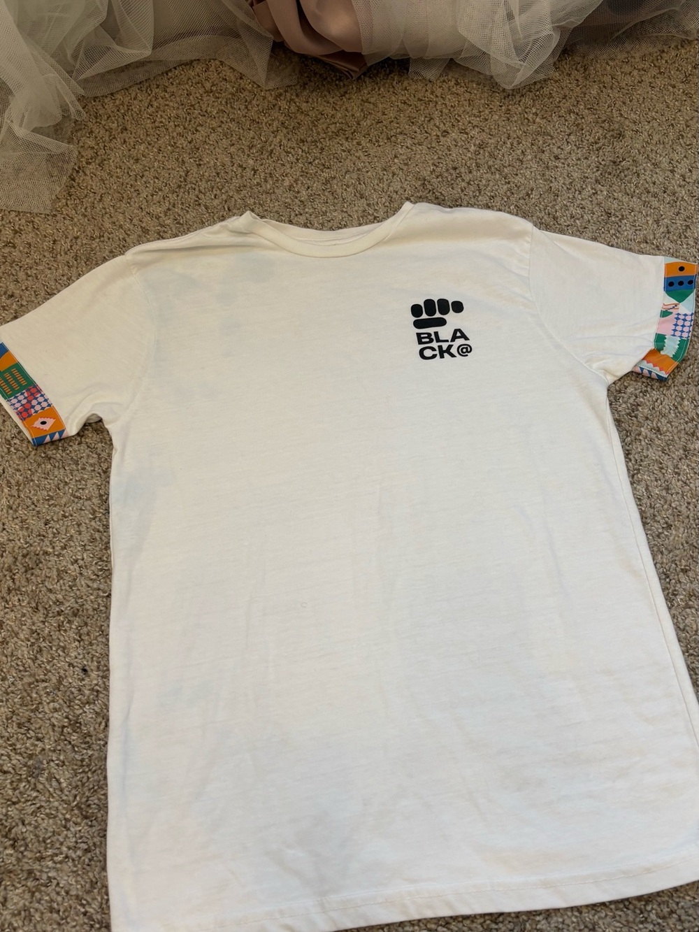 WHITE 'BLACK©' Logo Graphic Tee with Colorful Sleeve Accents